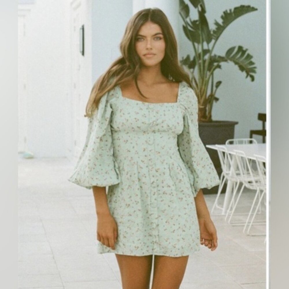 Sabo Tyla Cottage Core Floral Puff Sleeve Mini Dress Square Neck Boho Peasant M